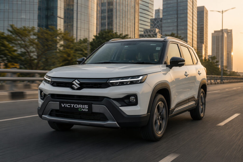 Maruti Victoris CNG SUV का सिटी रोड पर ड्राइविंग दृश्य