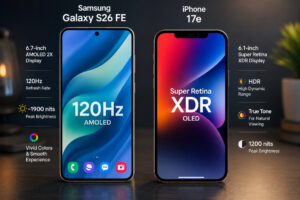 Samsung Galaxy S26 FE vs iPhone 17e display comparison