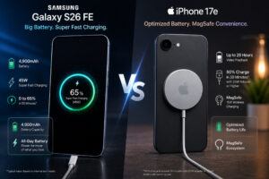 Samsung फोन को fast charging animation के साथ और iPhone 17e को MagSafe charger के साथ दिखाएं।